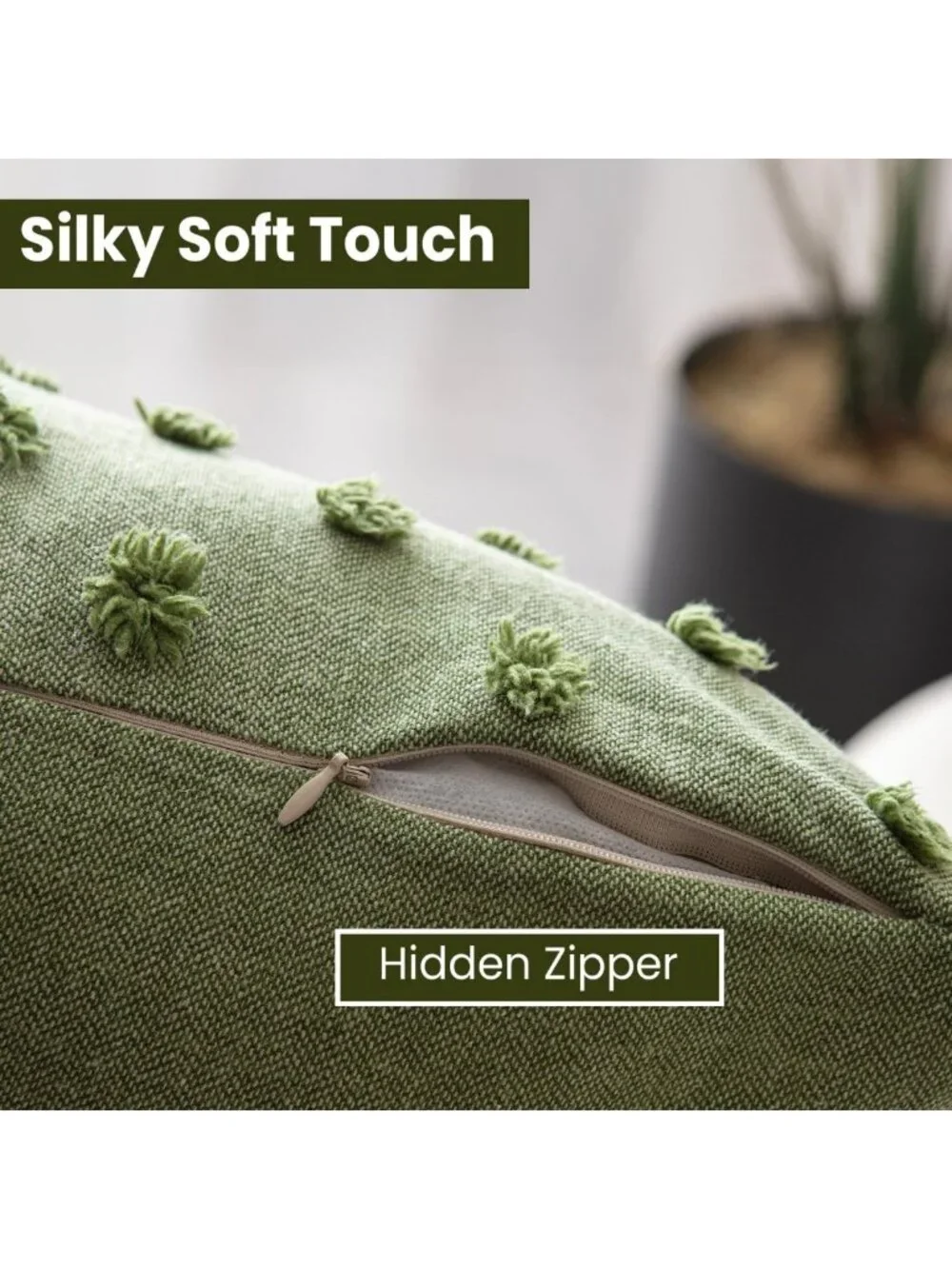Olive Green Decorative Throw Pillow Covers 20x20 Set of 2 - Cotton Blend, Hidden